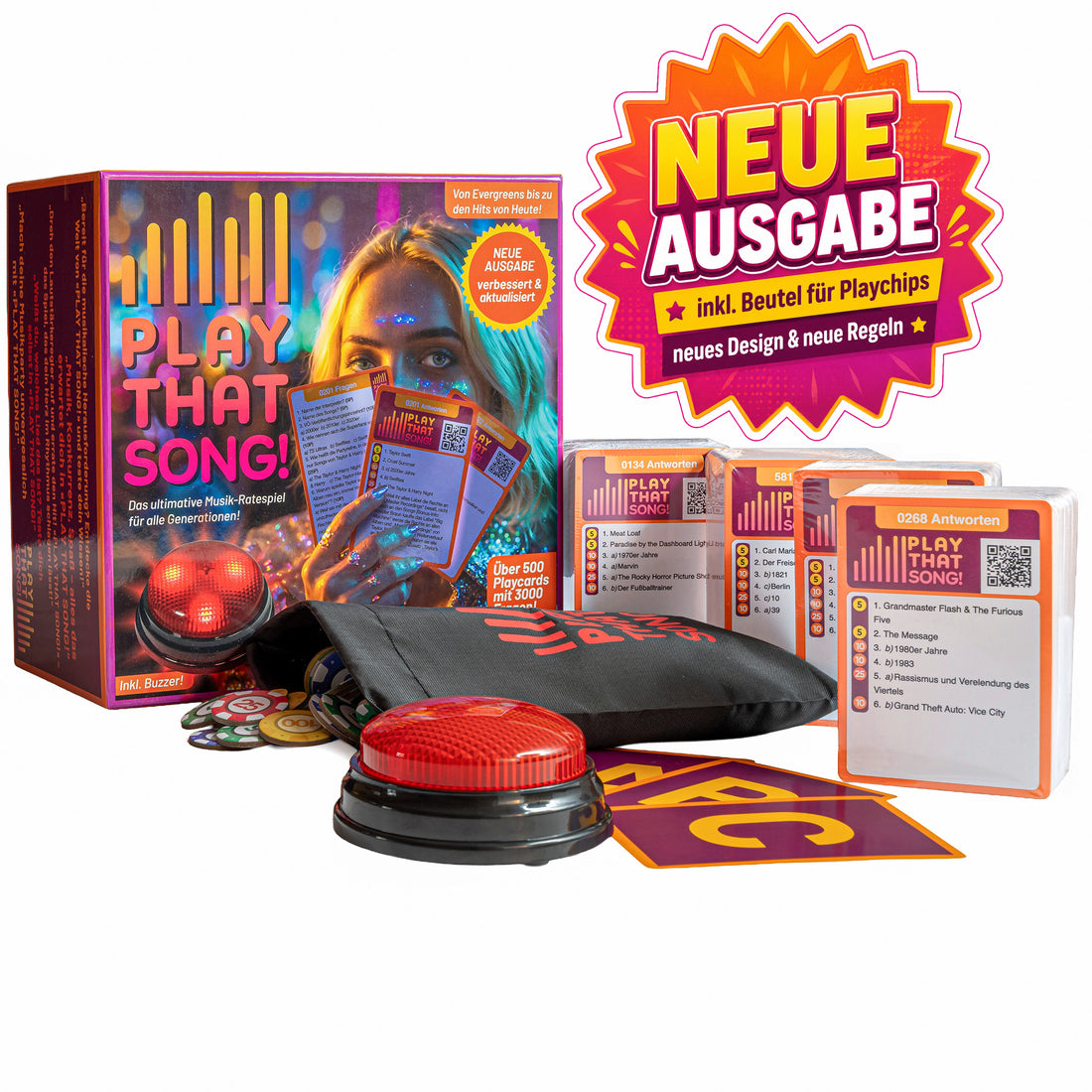 PLAY THAT SONG! – Verbesserte Neuauflage – Deutsche Edition – 500 Playcards, 3.000 Fragen & Buzzer – Musikquiz – Heiteres Partyspiel für Erwachsene