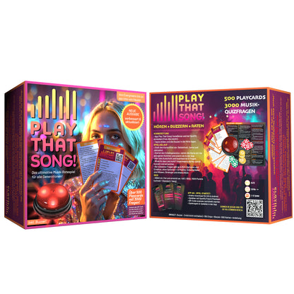 PLAY THAT SONG! – Verbesserte Neuauflage – Deutsche Edition – 500 Playcards, 3.000 Fragen & Buzzer – Musikquiz – Heiteres Partyspiel für Erwachsene